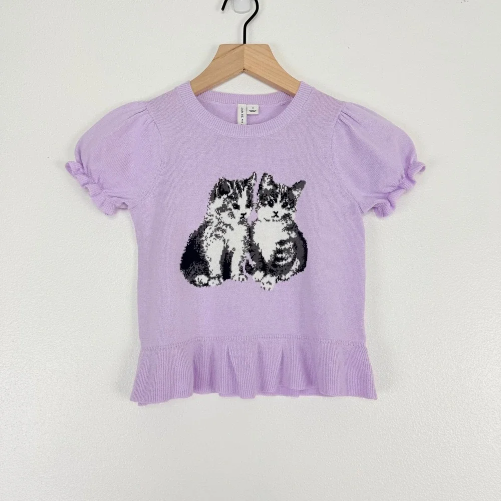 Janie and Jack Kitten‎ Peplum Sweater Top Girls Size 6 Purple Puff Sleeve Ruffle